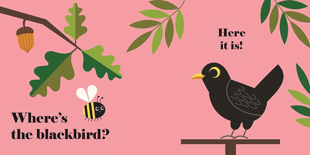 Where's the Puffin? board book page showing a blackbird hiding behind felt flaps with colorful leaves on a pink background.