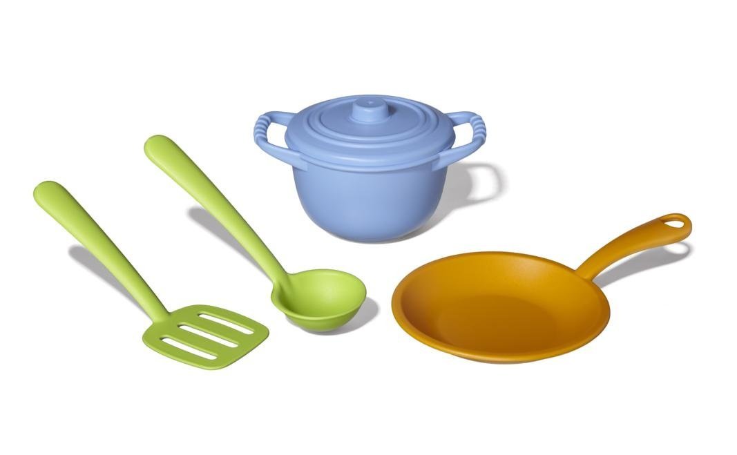 Chef Set includes colorful stock pot with lid, skillet, ladle, and spatula made from recycled plastic.