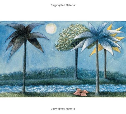 Illustration from Where the Wild Things Are showing palm trees by a river under a full moon night sky.