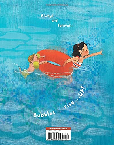 Bubbles…Up! features a child swimming underwater with a float and baby in a lively community pool scene.