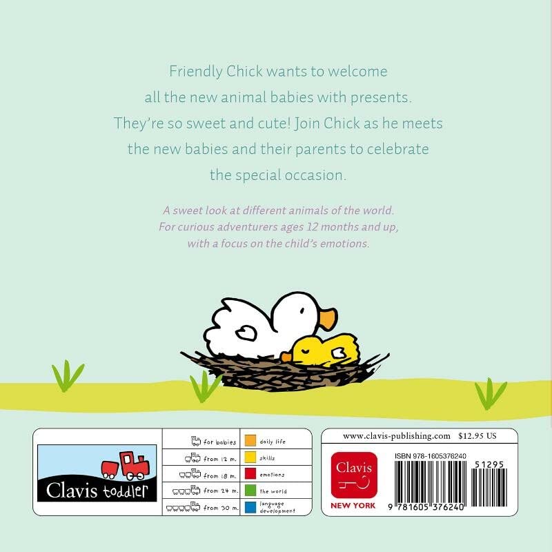 My Little Wonder Welcome Sweet Babies book back cover with a duck and chick illustration and product details.