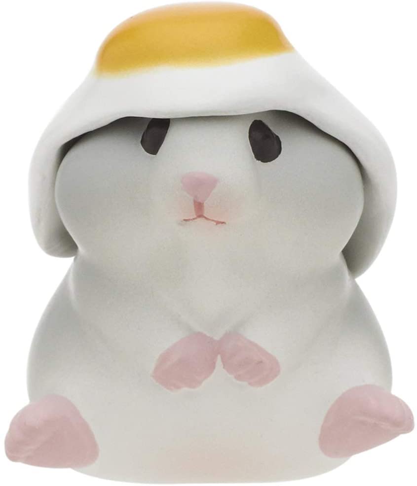Hamster N Egg Blind Box figurine of a white hamster wearing a fried egg shell, cute collectible desk companion.