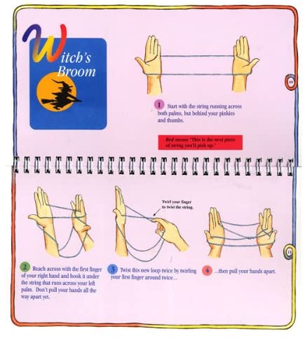Cats Cradle instructional page showing step-by-step guide to create the string figure Witch’s Broom.