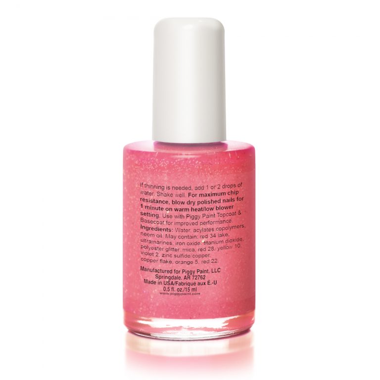 Nail Polish Shimmy Shimmy Pop bright pink glitter non-toxic water-based polish safe for kids and cruelty-free.