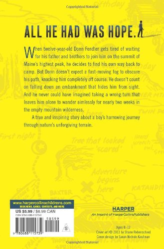 Lost on a Mountain in Maine book back cover with a yellow background and story summary text.