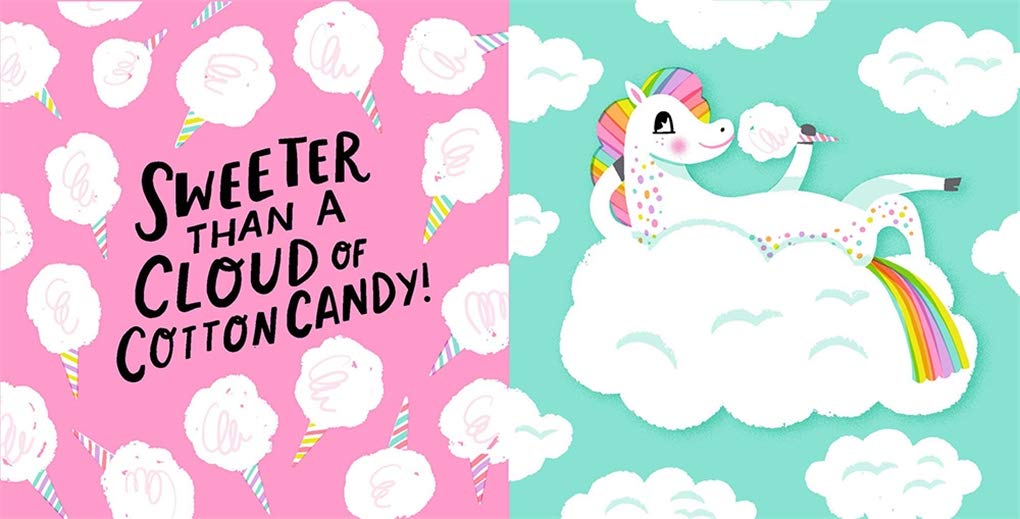 My Mom is Magical! board book page with a colorful unicorn resting on a cloud surrounded by cotton candy clouds.