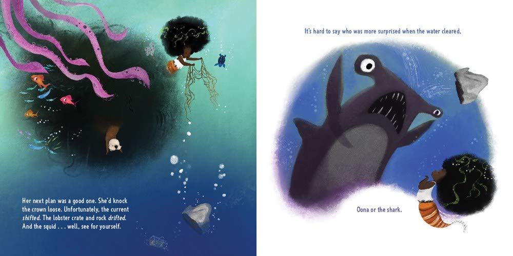 Oona picture book showing underwater scene with mermaid Oona encountering a large shark in deep water.