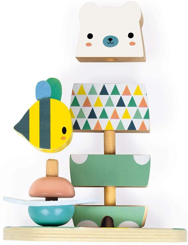 Pure Bear & Bee Stacker wooden toy with bear head and colorful bee on flower, perfect for toddlers ages 1 and up.