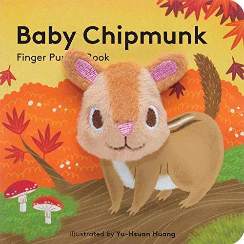 Baby Chipmunk with Finger Puppet board book featuring a plush chipmunk puppet on a colorful autumn forest background.