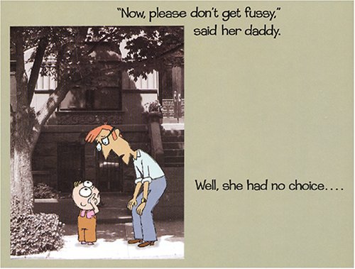 Knuffle Bunny scene showing Daddy talking gently to Trixie outside with a black-and-white background illustration.