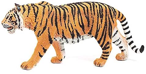 Tiger toy figurine showing detailed orange and black striped Siberian tiger in a walking pose.