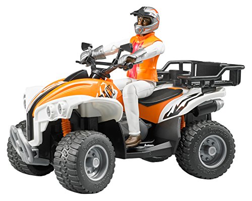 Quad with Driver toy featuring detailed rider, removable luggage rack, and realistic off-road design in orange and white.