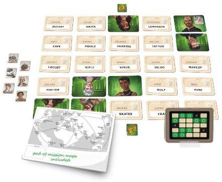 Codenames: Duet cooperative word game setup with cards laid out in a grid for two-player team gameplay.
