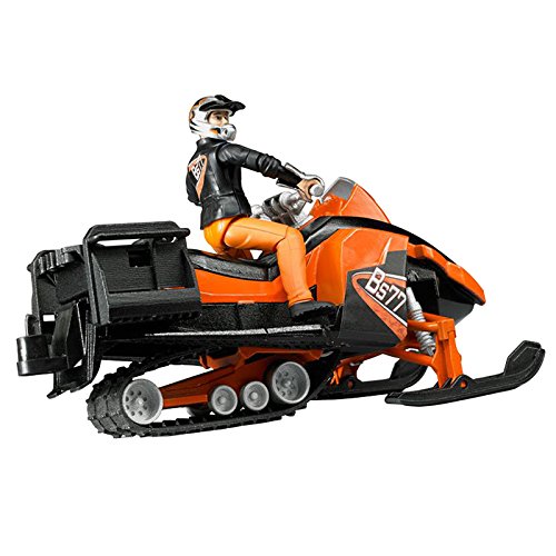 Snowmobile toy with driver in protective gear, orange and black design, detailed chassis and seat for two persons.