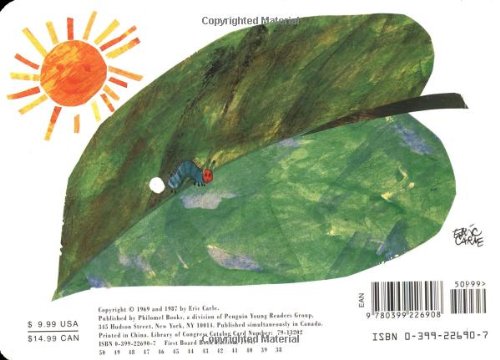 The Very Hungry Caterpillar board book cover showing a painted caterpillar on a green leaf with a bright sun.