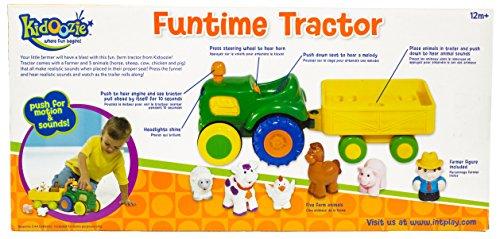 Funtime Tractor with farmer, five animal friends making sounds, engine, horn, and melody for ages 12 months and up.