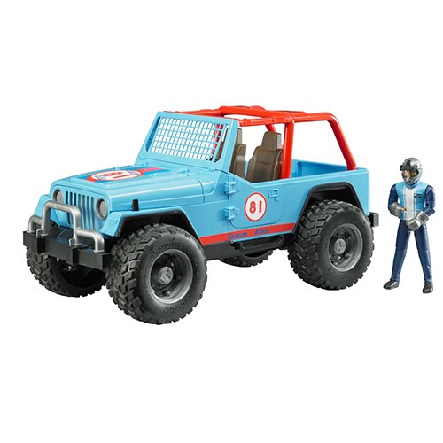 Jeep Cross Country Racer toy with large tyres, protective shield, and removable driver figure, perfect for off-road play.