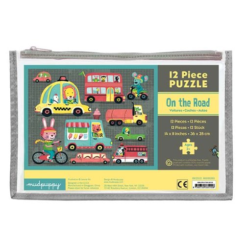 12pc On the Road Pouch Puzzle with thick pieces featuring animals driving various vehicles in a travel-friendly zippered pouch.