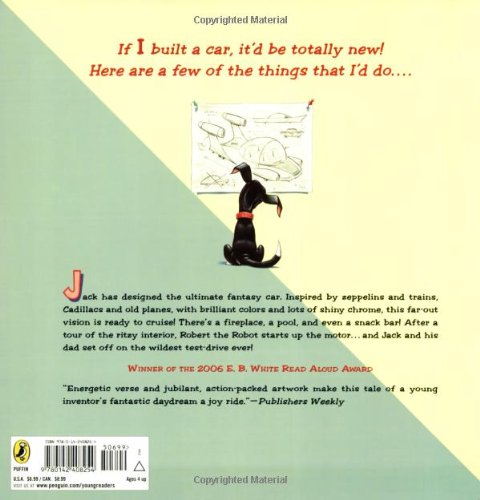 Back cover of If I Built a Car showing a dog looking at a car blueprint with descriptive text about the fantasy car design.