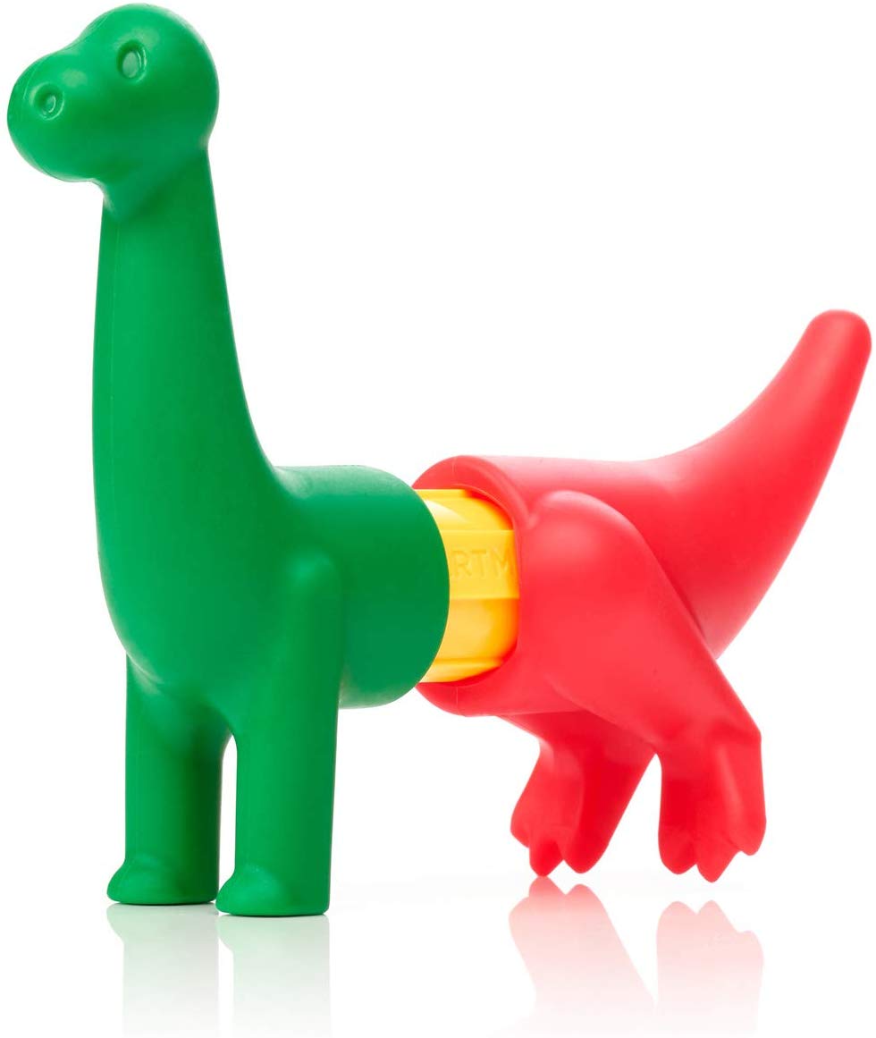 Smartmax My First Dinosaurs colorful magnetic toy dinosaur with green and red parts connected by yellow bar.