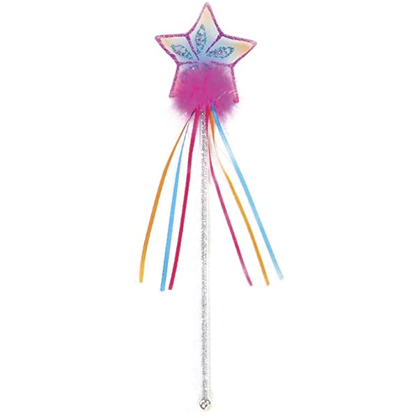 Glitter Rainbow Star Wand with pink star, silver stem, and trailing colorful satin ribbons for magical fairy play.
