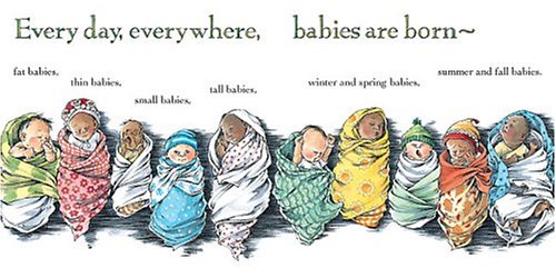 Everywhere Babies board book page showing diverse newborns wrapped in colorful blankets, celebrating babies everywhere.