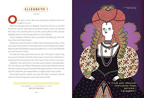 Good Night Stories For Rebel Girls book open to Elizabeth I fairy tale with colorful illustrated portrait
