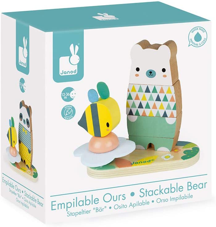 Pure Bear & Bee Stacker wooden toy with bear, panda, and stackable bee in soft contemporary colors for toddlers.
