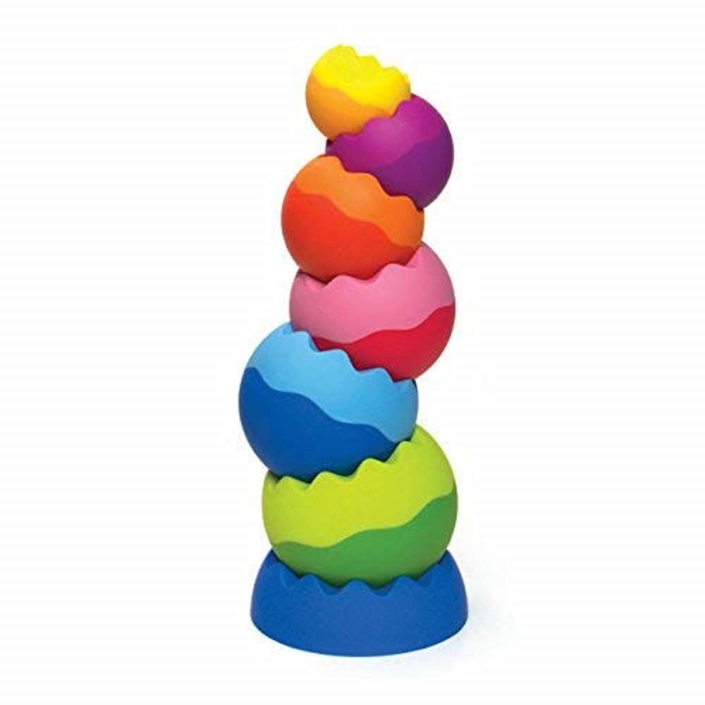 Tobbles Neo colorful stacking toy with six uniquely shaped pieces for sensory play and motor skill development.