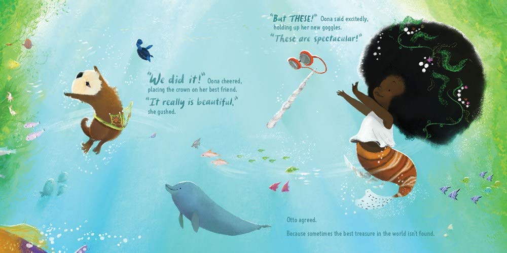 Illustration from Oona showing Oona and Otto celebrating underwater with sea creatures in a vibrant ocean scene.