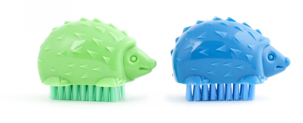 Two colorful hedgehog nail brushes in green and blue with textured ABS plastic bodies and bristles underneath.