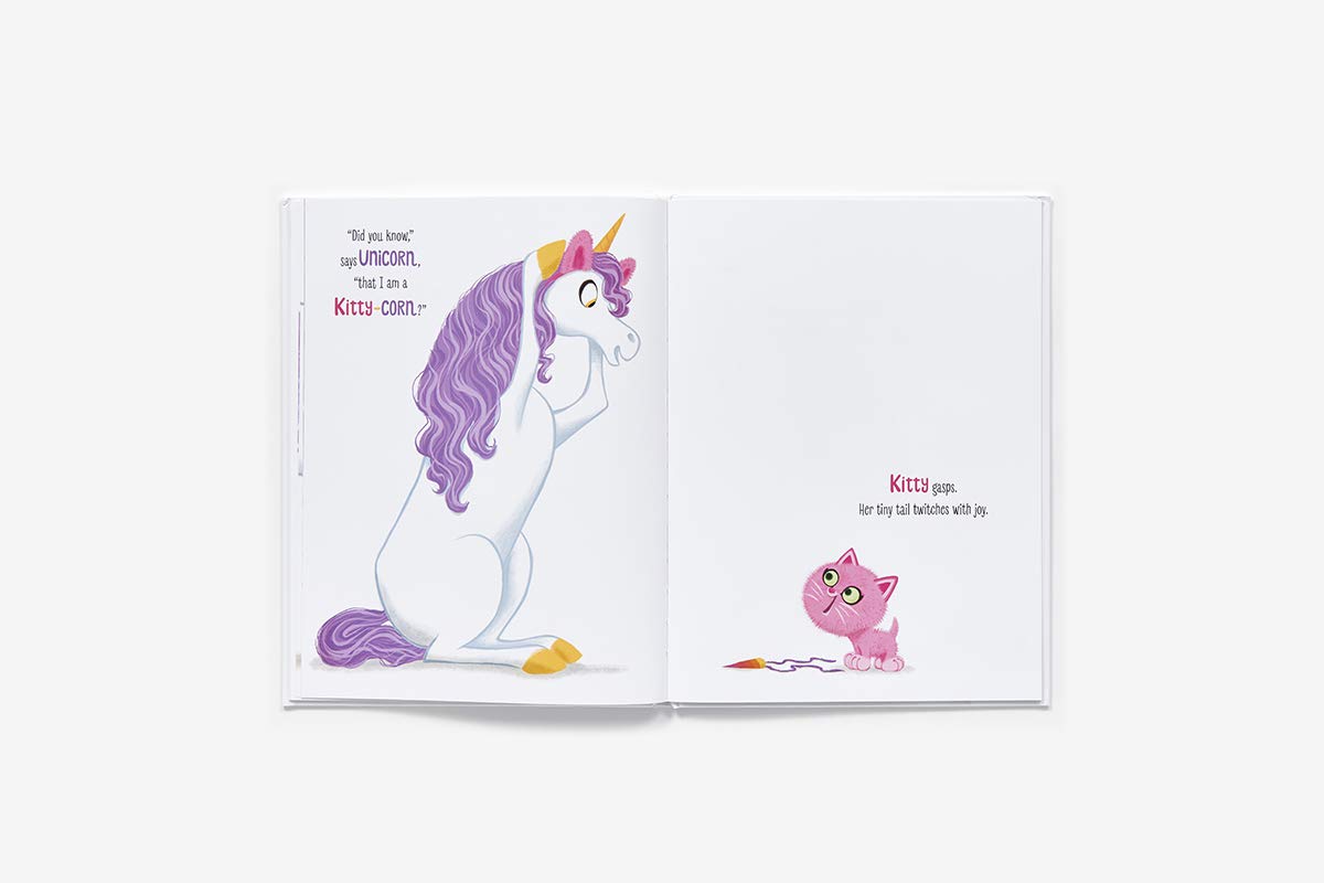 Open book of Itty Bitty Kitty Corn shows a white unicorn with purple mane and a small pink kitten.