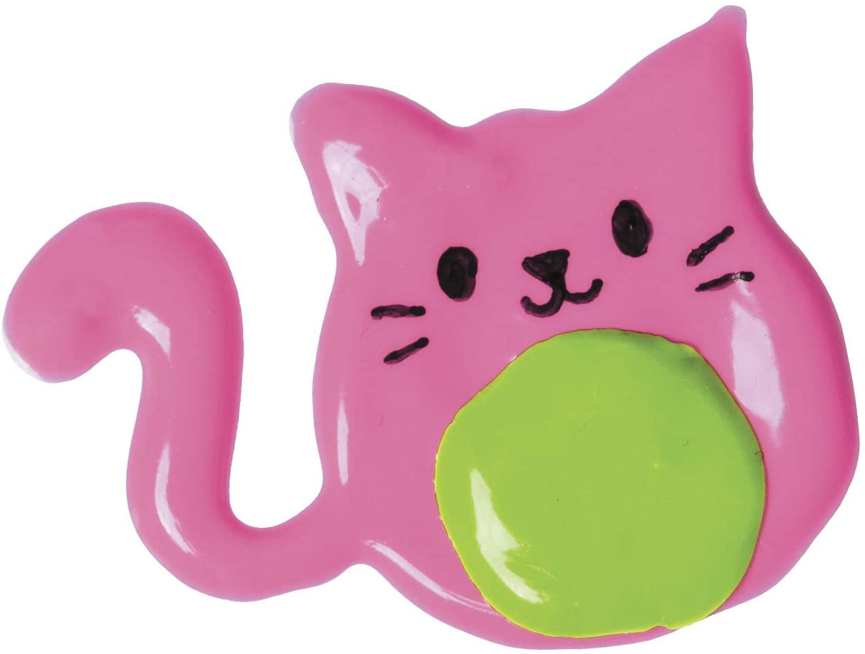 Pink cat-shaped reusable sticker made with Paint & Peel Jelly Stickers holding a green ball design.