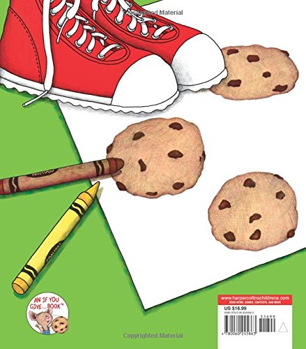 If You Give a Mouse a Cookie book illustration with cookies, crayons, and red sneakers on a white and green background.