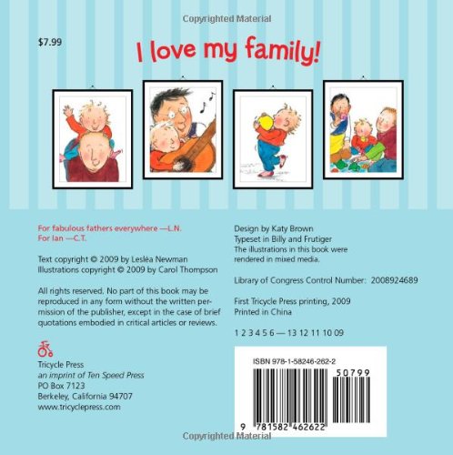 Image of the back cover of the board book Daddy, Papa, and Me featuring family illustrations and "I love my family!" text.