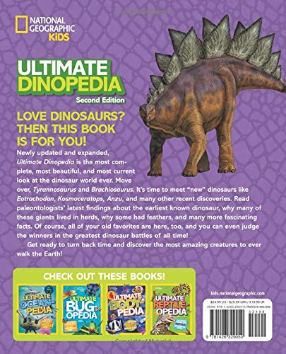 Ultimate DinoPedia book cover featuring a detailed Stegosaurus illustration and dinosaur facts for kids.