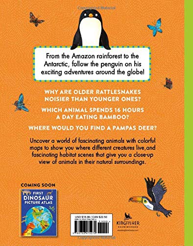Back cover of First Animal Picture Atlas featuring a penguin bookmark and colorful animal illustrations with educational facts.