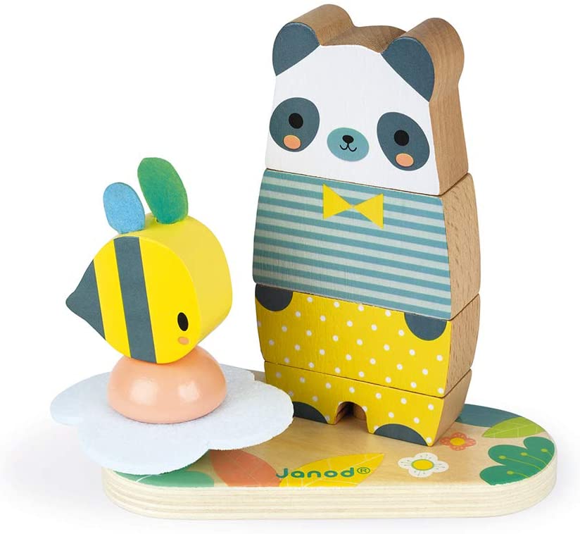 Pure Bear & Bee Stacker wooden toy with panda figure and small bee on flower in soft contemporary colors.