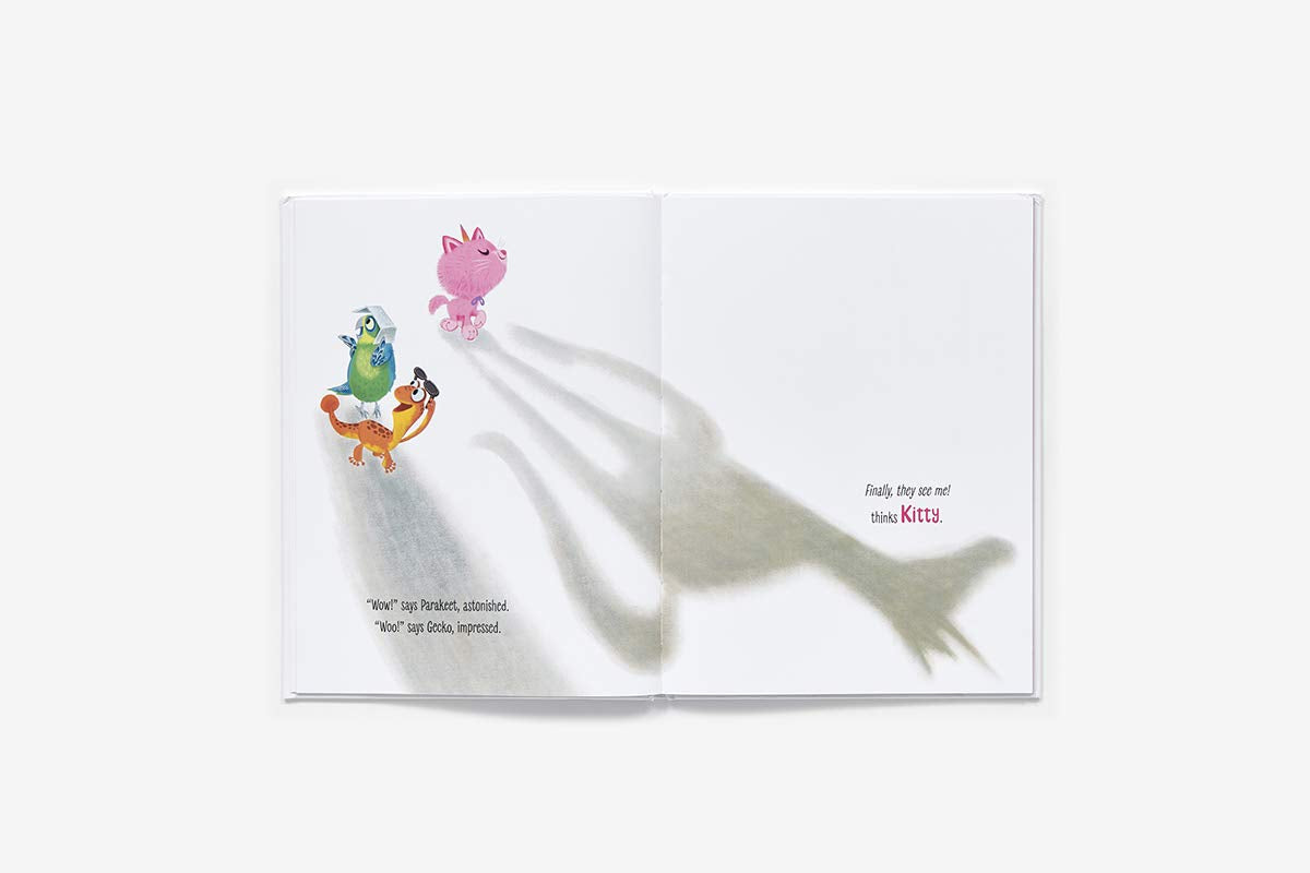 Open pages of Itty Bitty Kitty Corn showing playful animal shadows and friendly characters in a children's picture book.