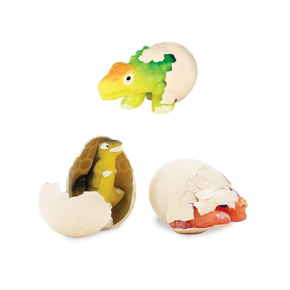 Hatchin' Grow Dino eggs cracking open with colorful dinosaurs emerging, demonstrating the growing toy process.