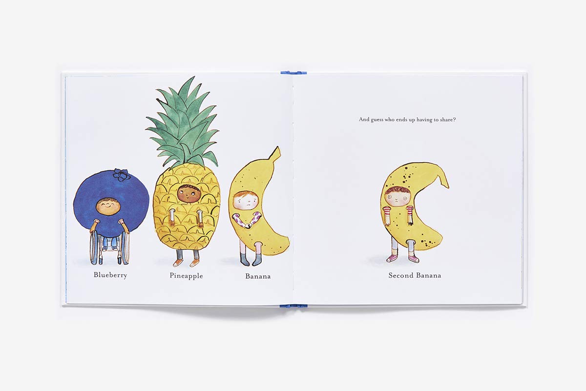 Open book from Second Banana showing children dressed as blueberry, pineapple, banana, and second banana characters.