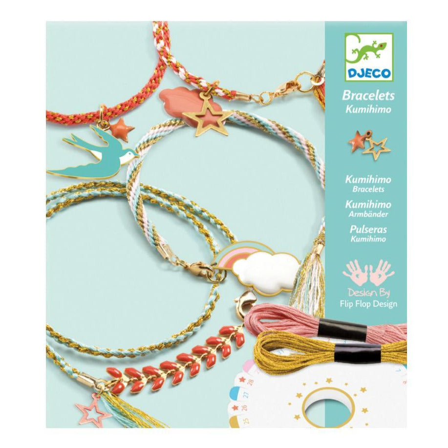 Celeste Beads Set featuring four colorful, intricate bracelets with charms, threads, and weaving tools for creative jewelry making.