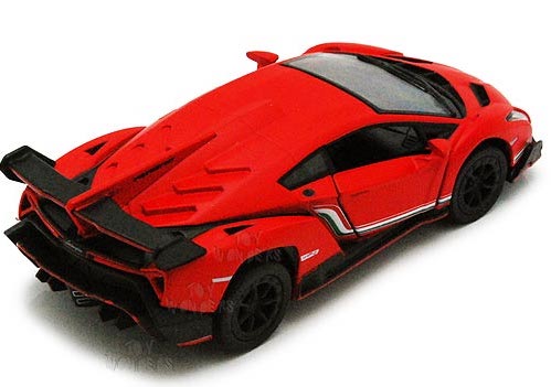 Matte Lamborghini diecast metal car in red with pullback motor and opening doors, 1:36 scale by Kinsmart.