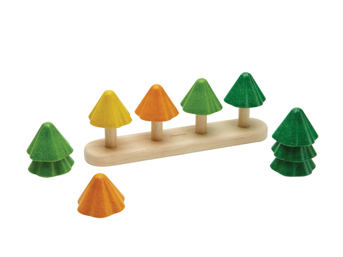 Sort & Count Tree wooden stacking toy with colorful seasonal tree crowns for counting and fine motor skill development.