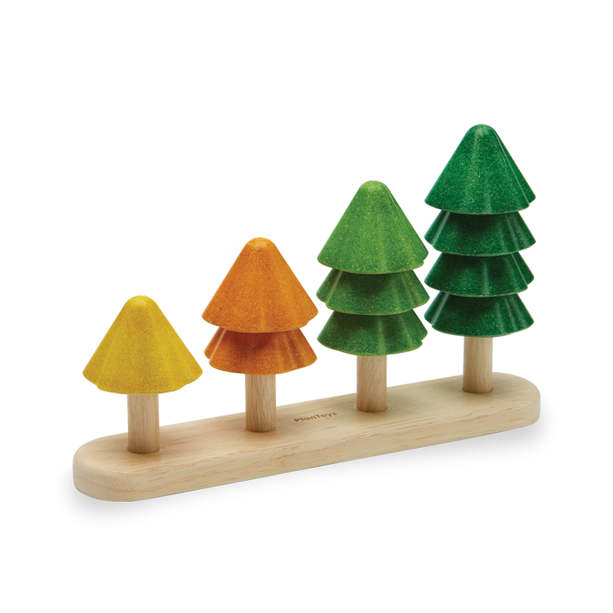 Sort & Count Tree with colorful wooden stacking pieces in yellow, orange, and green to practice counting and sorting.