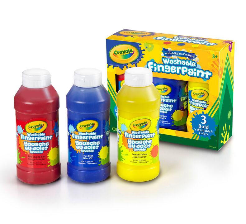 Crayola Washable Fingerpaint set with red, blue, and yellow 8 oz bottles, easy-to-wash and perfect for kids 3 and up.
