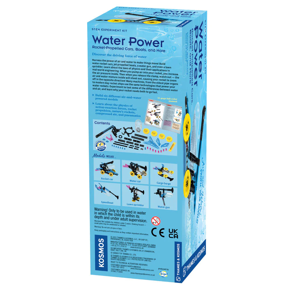 Water Power educational kit box showing six air and water powered model experiments and product details.