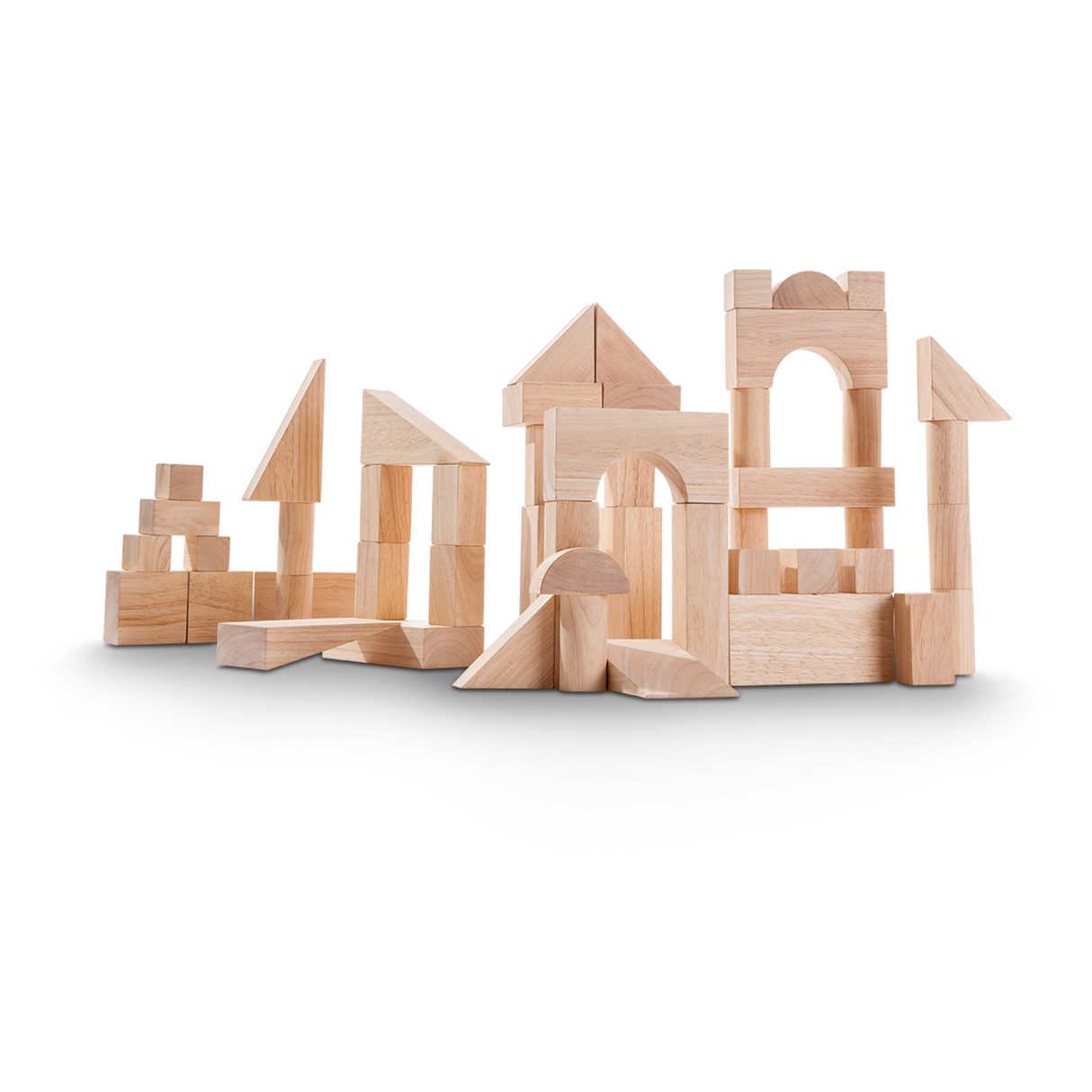 Wooden Blocks set arranged in various shapes, featuring 50 natural wood pieces for creative building and learning.