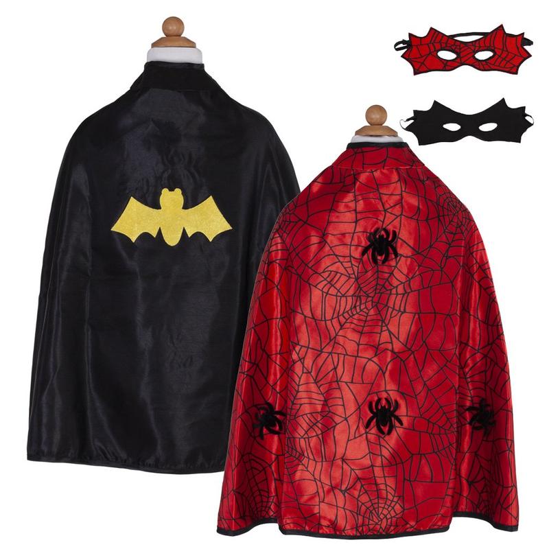 Spider Bat Reversible Cape & Mask | Size 4-6 with black bat emblem and red spider web design, includes matching masks.