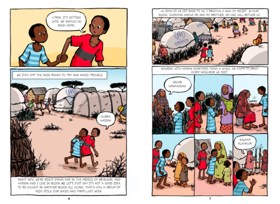 Pages from the graphic novel "When Stars Are Scattered" showing two brothers navigating life in a refugee camp.